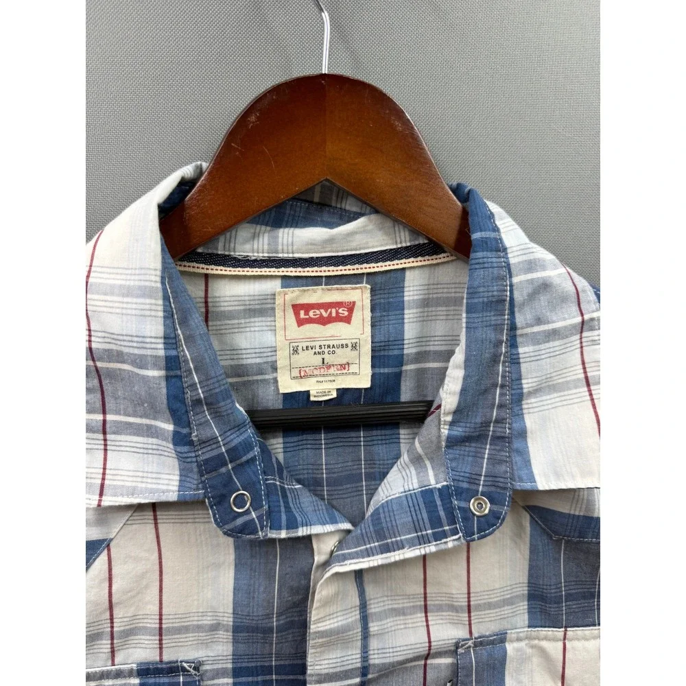 Levi Strauss Western Shirt Mens Blue White Plaid Pearl Snap Modern Large